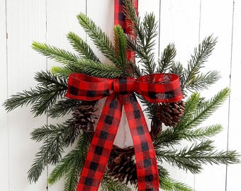 Christmas Mini Pine Wreath, Red Buffalo Plaid Bow, 12 Inch