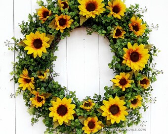 Sunflower Wreath: Faux Eucalyptus & Boxwood, Fall Door Decor