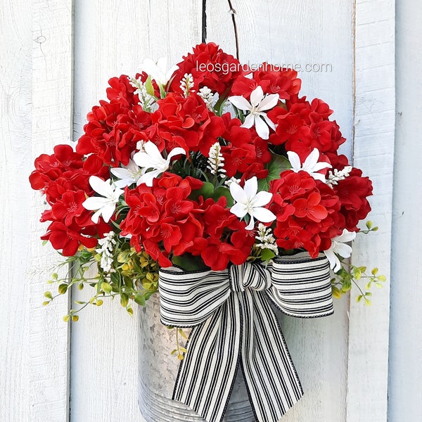 Geranium Door Wreath, Summer Wreath for Front Door, Geranium Basket Wreath, Red Geranium Wreath, Summer Front Door Wreath