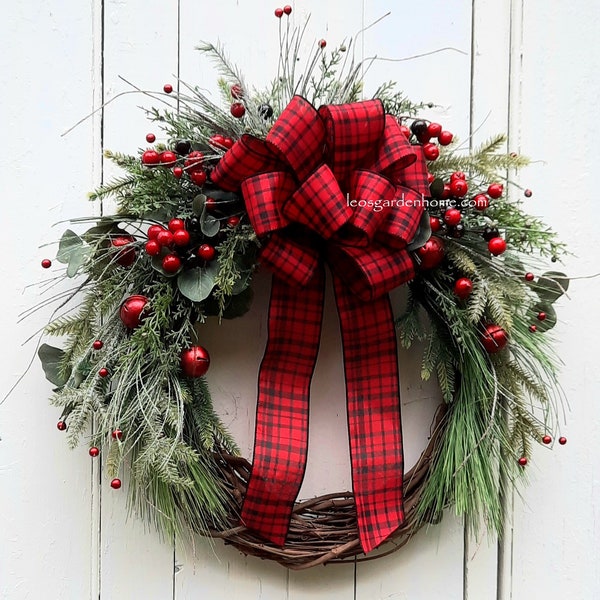 Christmas Wreath, Christmas Pine Wreath for Front Door, Bell Wreath, Christmas Winter Wreath, Red Berry Wreath, Evergreen Pine, Holiday Door