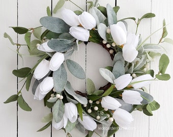 Spring Tulip Wreath, Easter Wreath, Small Tulip Wreath, Spring Candle Wreath, White Tulips