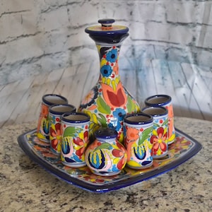 Talavera tequila set, tequila decanter, liqour decanter custom shot glasses, decanter set, tequila gift, talavera vases, wedding gift  CM524