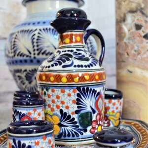 Talavera tequila set, tequila decanter, liqour decanter custom shot glasses, tequila gift, talavera vases  CM077