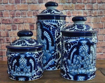 Set of 3 Mexican Canister, Talavera canister, kitchen canister set, vintage cookie jars, custom cookie jar CM431