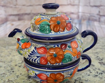 Vintage Talavera Stackable Teapot and Cup, Mexican Tea Set CM180