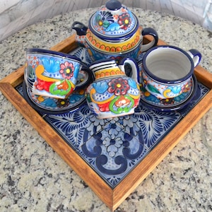 Mexican Talavera Coffee Set,Mexican Pottery, Tea pitcher, Coffee set for 2 people, Wood tray, ceramic tray, ottoman tray Mexican mugs. CM457