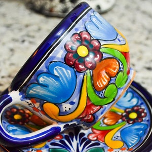 Set of 2 Talavera coffee cup and saucer set, mexican coffee mug, talavera cup, mexican talavera mug. CM295