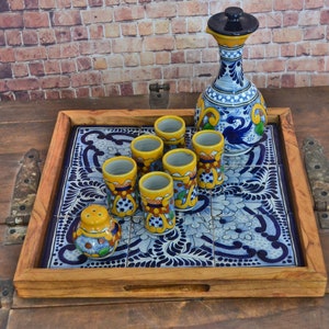 Talavera Tequila, Talavera tequila set with ottoman tray, tequila decanter set, custom shot glasses, wedding gift , serving tray CM501