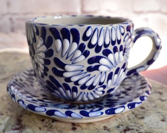 Set of 2 Talavera coffee cup and saucer set, mexican coffee mug, talavera cup, mexican talavera mug. CM038