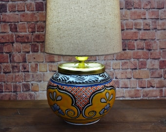 Bedside lamp, Beautiful ceramic table lamp, mexican decoration ginger jar lamp with shade, talavera vase lamp, ball lamp. CM436