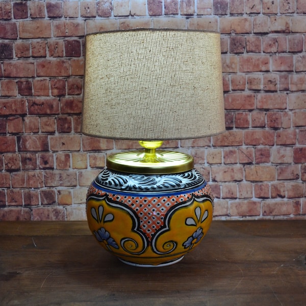 Bedside lamp, Beautiful ceramic table lamp, mexican decoration ginger jar lamp with shade, talavera vase lamp, ball lamp. CM436