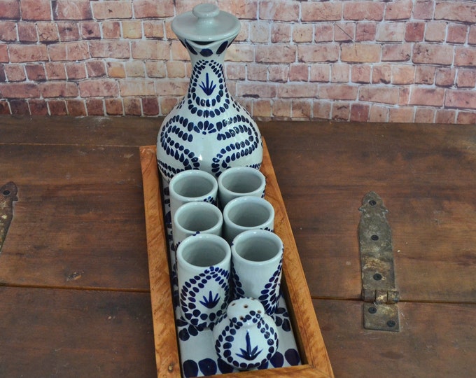 Talavera Tequila Decanter Set: Authentic Mexican Shot Glasses & Tray CM252B