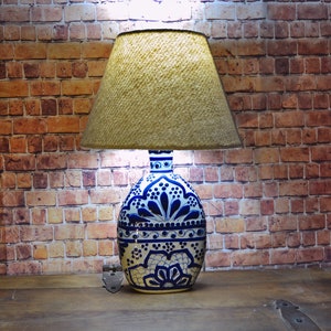Beautiful ceramic table lamp, mexican talavera jar lamp with shade, talavera vase lamp, decanter lamp. Pitcher lamp CM427