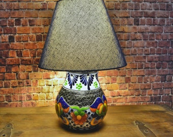 Set of 2 Bedside lamp, Beautiful ceramic table lamp, mexican decoration ginger jar lamp with shade, talavera vase lamp, bowl lamp. CM386