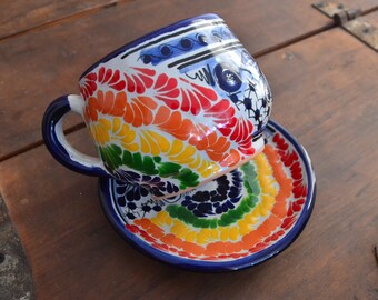 Talavera coffee cup and saucer set, mexican coffee mug, pride mug, pride mexican talavera cup, mexican talavera mug. CM456