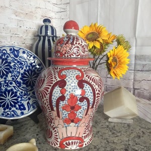 Ceramic ginger jar, Beautiful  talavera ginger jar, lidded ceramic jar, Floral ginger jar, lattice ginger jar. CM004
