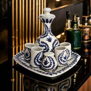 Talavera Tequila Decanter Set: Authentic Mexican Shot Glasses, Plate & Salt Container