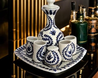 Talavera Tequila Decanter Set: Authentic Mexican Shot Glasses, Plate & Salt Container CM197