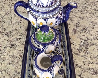 Talavera  tea/expresso set, teapot sugar container and creamer Majolic ceramic teapot set with Tray CM203