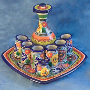 Authentic Talavera Tequila Set: Decanter, Shot Glasses, Plate, Salt Container, Mexican Pottery CM116