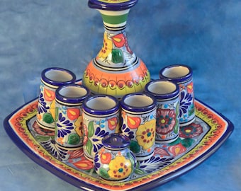 Authentic Talavera Tequila Set: Decanter, Shot Glasses, Plate, Salt Container, Mexican Pottery CM116