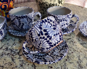 Set of 2 Talavera coffee cups and saucers set, mexican coffee mug, talavera cup, mexican talavera mug. CM283