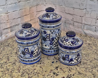 Set of 3 Mexican Canister, Talavera canister, kitchen canister set, vintage cookie jars, custom cookie jar CM413