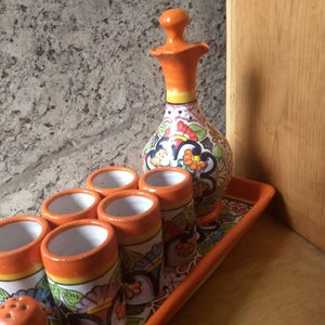 Talavera tequila set, tequila decanter, liqour decanter custom shot glasses, tequila gift, talavera vases CM119
