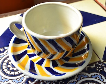 Set of 2 Talavera coffee cup and saucer set, mexican coffee mug, talavera cup, mexican talavera mug. CM327