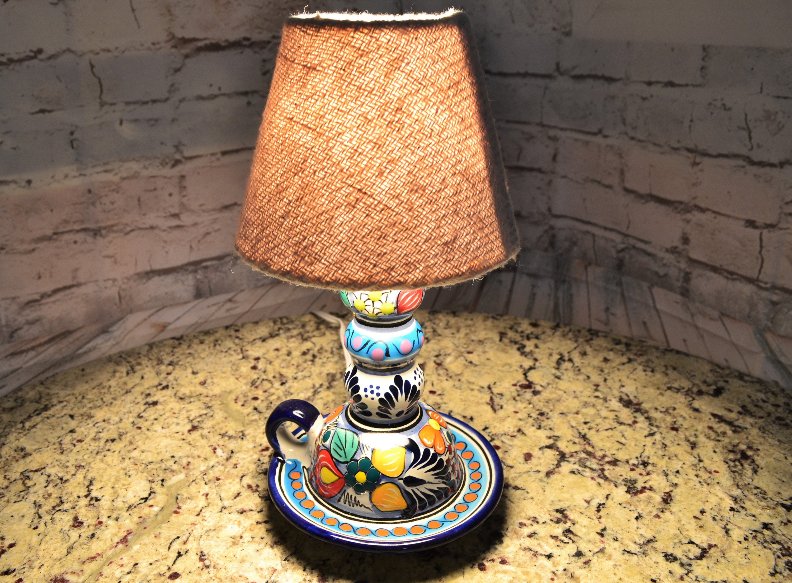 Talavera Ceramic Candlestick Lamp: Authentic Poblana Floral Desk