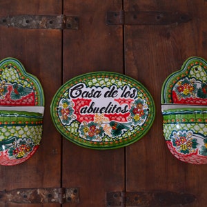 Set of Personalized Talavera tile house Sign an Talavera wall planter, personalized tile sign, Mexican decor, Talavera Poblana CM370
