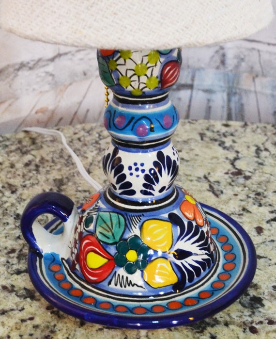 Talavera Ceramic Candlestick Lamp: Authentic Poblana Floral Desk