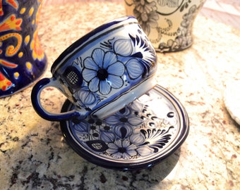 Set of 2 Talavera coffee cup and saucer set, mexican coffee mug, talavera cup, mexican talavera mug. CM262