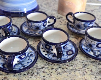 Mexican Talavera Demitasse mugs, ceramic mug, ceramic saucer, talavera mugs and saucers. CM299