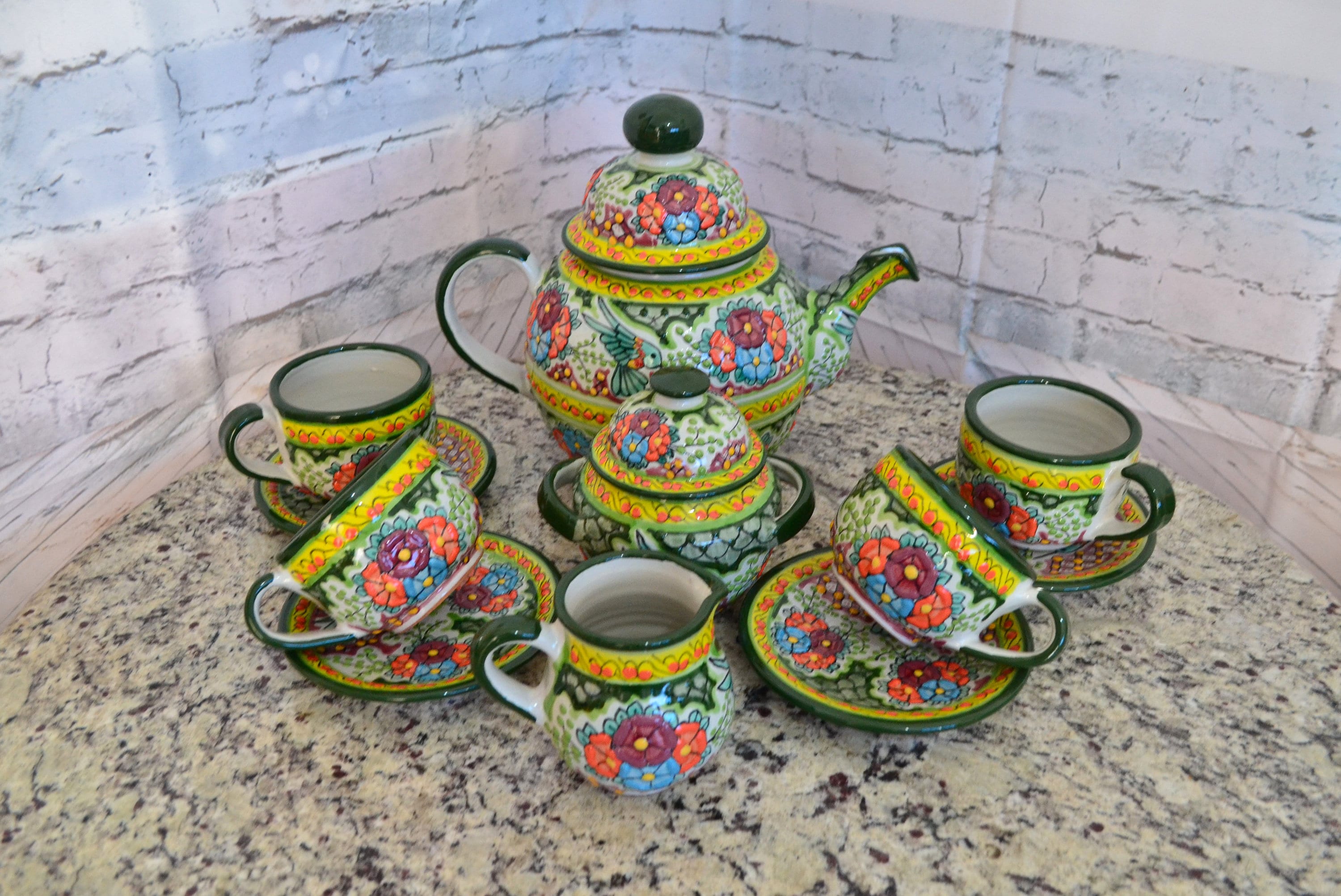 Mexican Talavera Coffee Set, Mexican Pottery, Tea pitcher, Mexican pitcher, Mexican mugs. CM437