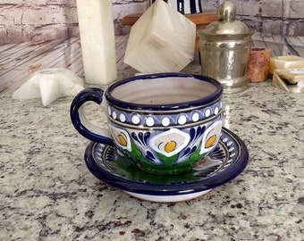 Set of 2 Talavera coffee cup and saucer set, mexican coffee mug, talavera cup, mexican talavera mug. CM260