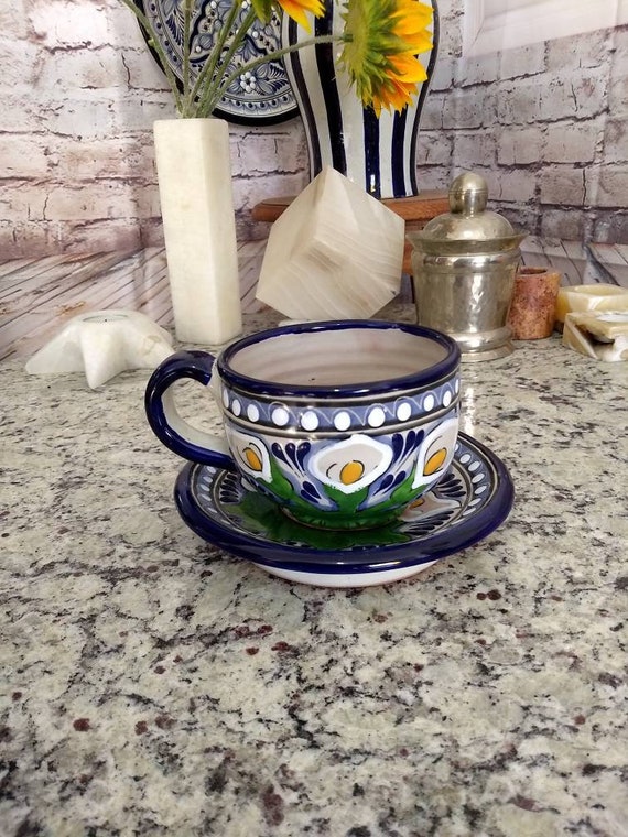 Set of 2 Talavera coffee cup and saucer set, mexican coffee mug, talavera cup, mexican talavera mug. CM260