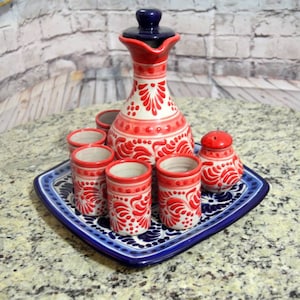 Talavera tequila set, tequila decanter, liqour decanter custom shot glasses, tequila gift, talavera vases CM218