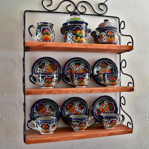 Mexican Talavera Coffee Set, Mexican Pottery, Talavera cookie jar, Mexican mugs, wood shelf rack.  CM392
