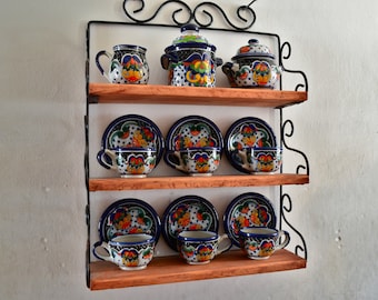 Set de café de Talavera Mexicana, Cerámica Mexicana, Tarro de galletas de Talavera, tazas mexicanas, estante de estante de madera. CM392