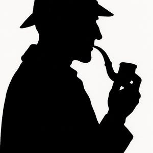 May include: Silhouette of a person wearing a deerstalker hat and coat, smoking a pipe. The black and white image depicts a side profile, evoking a classic detective or investigator theme.