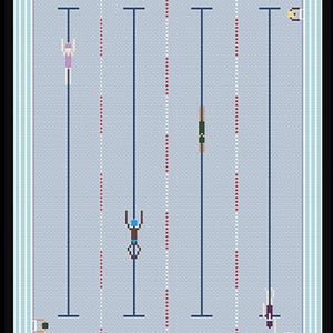 May include: An overhead view of a swimming pool with four swimmers in different lanes. The swimmers are depicted in a pixelated style, with each swimmer in a different position. The pool has blue water and white lane lines.