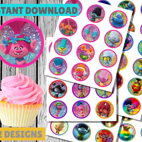 Trolls World Tour Cupcake Toppers | PRINTABLE INSTANT DOWNLOAD | 2-inch Trolls World Tour Cupcake Toppers