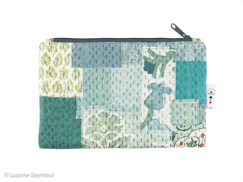 Hand stitched linen zipper pouch patchwork hand quilted bag embroidered bag pencil pouch boho bag linen project bag Kindle sleeve