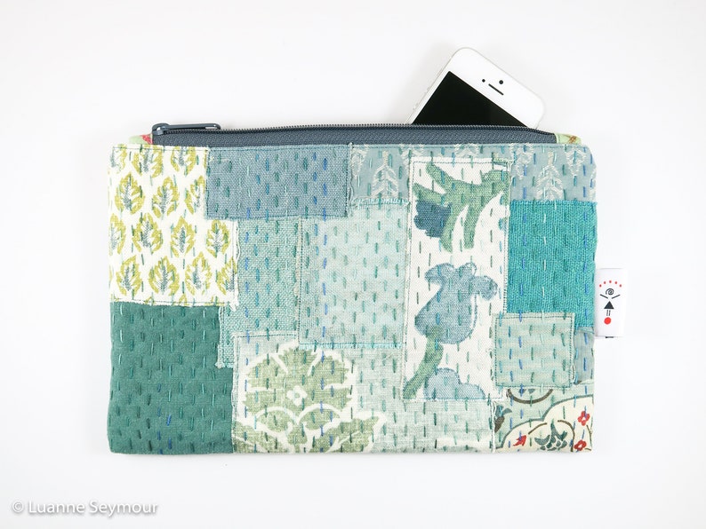 Hand stitched linen zipper pouch patchwork hand quilted bag embroidered bag pencil pouch boho bag linen project bag Kindle sleeve
