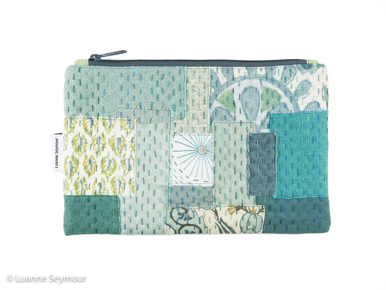 Hand stitched linen zipper pouch patchwork hand quilted bag embroidered bag pencil pouch boho bag linen project bag Kindle sleeve