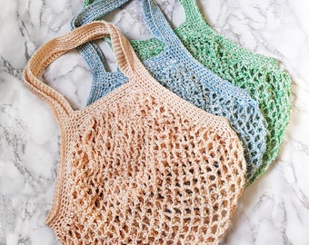 Eco friendly reusable mesh shopping bag, handmade in cotton and upcycled threads - choose color