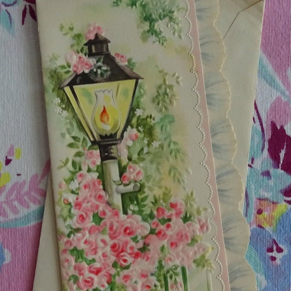 Vintage Get Well Card, Mid Century Greeting, Embossed Pink Roses & Lantern, Scalloped Edge, 1950's Get Well Message, Envelope Included