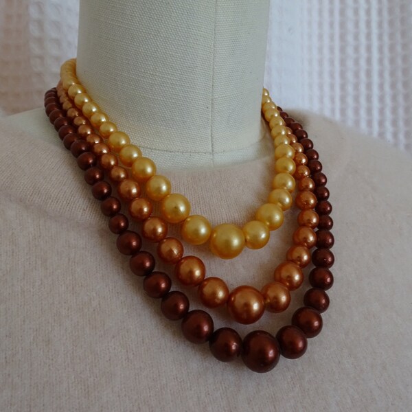 Vintage Triple Strand Necklace, Brown Peach & Cream Pearl Beads, 3 Tiered Fashion Style, 1950's Costume Jewelry , Mid Century Necklace,