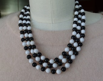 Vintage Black & White Necklace, Triple Layer Beaded Necklace,  3 Strands Glass Beads, 1960's Fashion Jewelry, Mid Century, Classic Colors